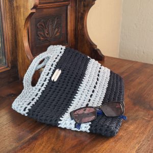 Handmade Striped Crochet iPad & Book Sleeve Tote – Black & Light Gray